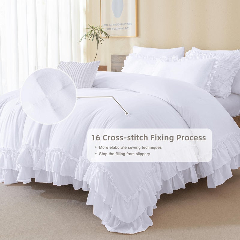 QSH White Farmhouse Ruffled Comforter Set King Size Shabby Boho Chic White Bedding Comforter King Lightweight Fluffy Ultra Soft Microfiber Inner Fill Bedding Set 3 Pieces - Image 5